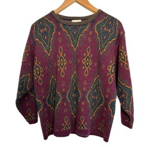 Potomac Collection tapestry pattern maroon & green fuzzy sweater w/ 3/4 sleeves